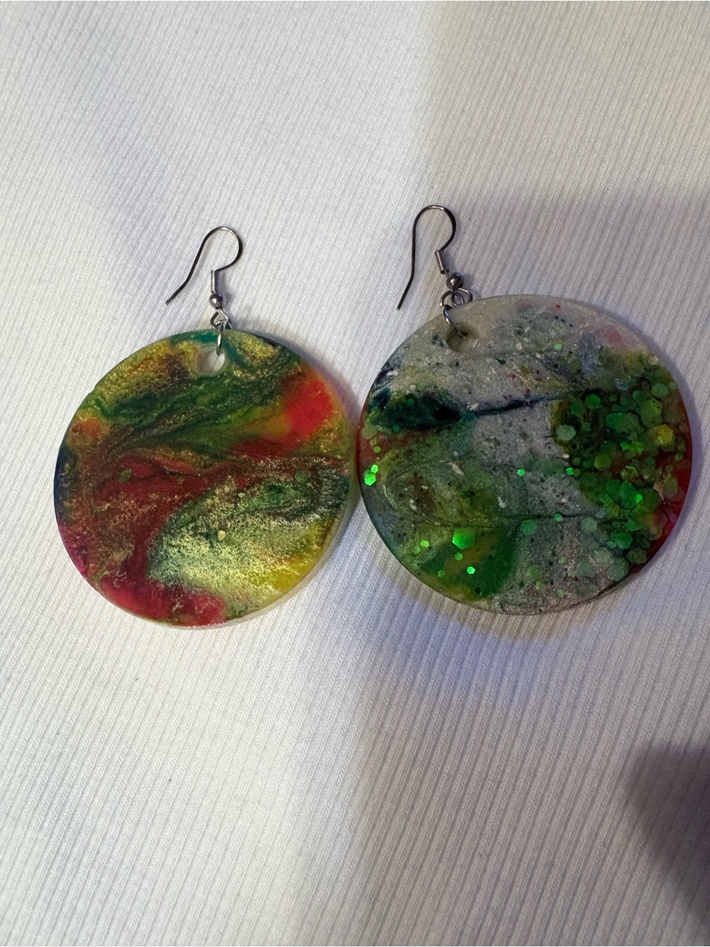 Handmade Multicolor Resin Disc Earrings with Green Accents
